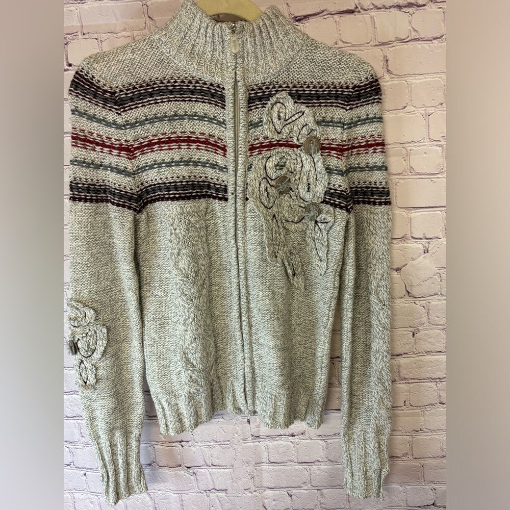 OT Collection Marled Blue Red Stripe Long Sleeve Split Cuff Cardigan Sweater XS